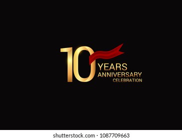 10 anniversary vector design golden colored with red ribbon isolated on black background