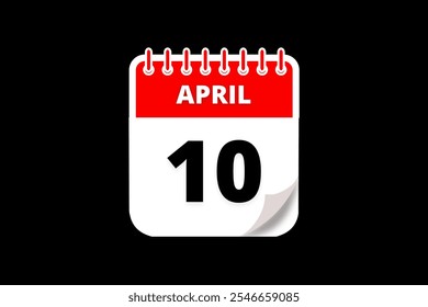 10 April calendar icon text page monthly web design on red, white and black background vector, icon, or illustration with the month of April 10