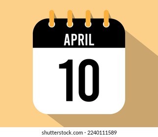 10 April calendar icon. Vector black for the month of April with shadow effect