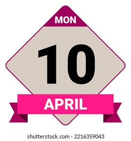 10 de abril, lunes. Plantilla de fecha. Diseño útil para la promoción de calendarios o eventos. Ilustración del vector EPS 10 