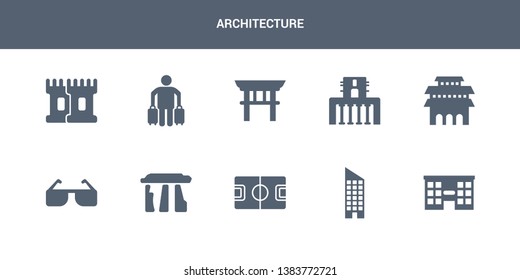 10 architecture vector icons such as shopping center, skyscraper, stadium, stonehenge, sunglasses contains temple of heaven, temple of the frescoes, torii gate, tourist, tower. architecture icons