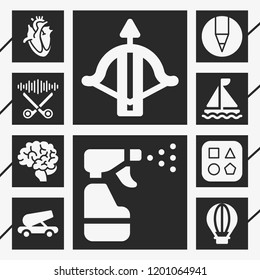 10 art  filled style icons about crossbow, cannon, scissors, brain, heart, crayon, shapes, spray, sailing boat