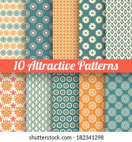 10 Attractive vector seamless patterns (tiling). Blue, orange colors. Texture for printing onto fabric, paper, scrap booking. Abstract flower, shape. Classy feminine background. Retro and vintage.