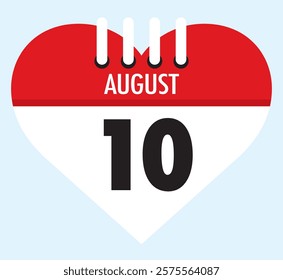 10 August calendar icon red heart shape on light sky blue color background, calendar vector symbol for the month of August.