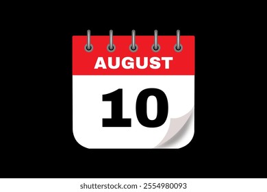 10 August calendar icon text page monthly web design on red, white and black background vector, icon, or illustration with the month of August 10