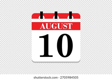 10 agosto Calendario icono Vector, 10 fechas de agosto mes calendario icono, fechas de agosto 10 icono calendario, Vector calendario icono.