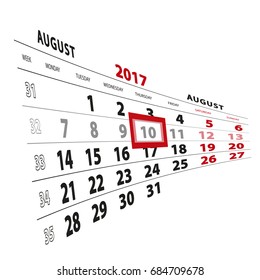 10 August highlighted on calendar 2017. Week starts from Monday. Vector Illustration.