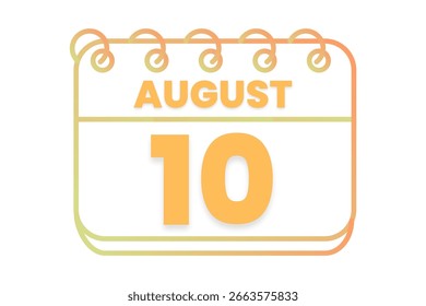 10 August Monat einzelner Tag, Vektorgrafik, Kalender mit orangefarbenem, gelbem, braunem und weißem Hintergrund, Kalendersymbol vom August 10