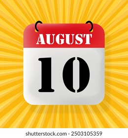 10 de agosto. Burbuja de discurso con calendario 2024, 2025. Año, mes, día, semana, gestión del tiempo. Concepto de planificación. Ilustración 3D. Estilo de arte Pop. Icono de línea de Vector para negocios y publicidad