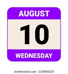 10 de agosto, miércoles. Plantilla de fecha. Diseño útil para la promoción de calendarios o eventos. Ilustración vectorial Archivo EPS 10.