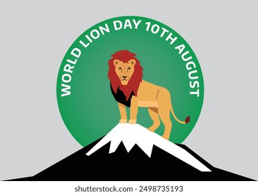 10 August World Lion Day. Lion images with Green Cicle with Mountain Vector Illustration Social Media Post Or Template Islolated background.