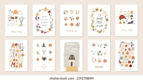 10 autumn mood greeting cards or posters template collection. Welcome fall season thanksgiving invitation, harvest festival set. Colored cartoon flat vector illustration isolated on white background. 