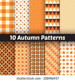 10 Autumn vector seamless patterns. Endless texture for wallpaper, fill, web page background, texture. Set of halloween and thanksgiving geometric ornament. Orange and white colors