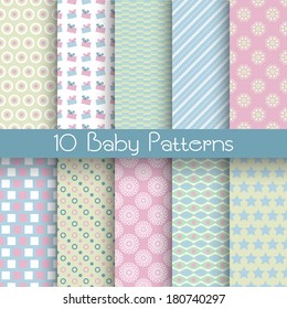 10 Baby pastel different vector patterns. Endless texture can be used for wallpaper, pattern fills, web page background, surface textures. Set of geometric ornaments.