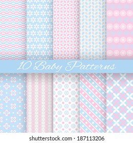 10 Baby Pastel Different Vector Seamless Patterns (tiling). Endless Texture Can Be Used For Wallpaper, Pattern Fills, Web Page Background, Surface Textures. Set Of Cute Abstract Ornaments.