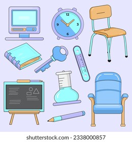 10 back to school icon illustrations set. computer, alarm clock, school chair, ruler, key, notebook, chalkboard, flask, pencil, and auditorium chair objects for your design.