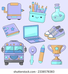 10 back to school icon illustrations set. sharpener, art palette, flask, notebook, laptop, school shoes, trophy, highlighter, key, and school bus objects for your design.