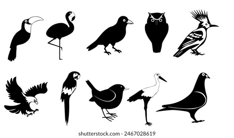 10 iconos de pájaros sobre fondo blanco