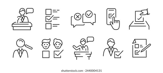 10 black line icons on a white background representing election candidates, voting, campaigns and elements related to the topic. For promotional materials, SMM. Vector Illustration.