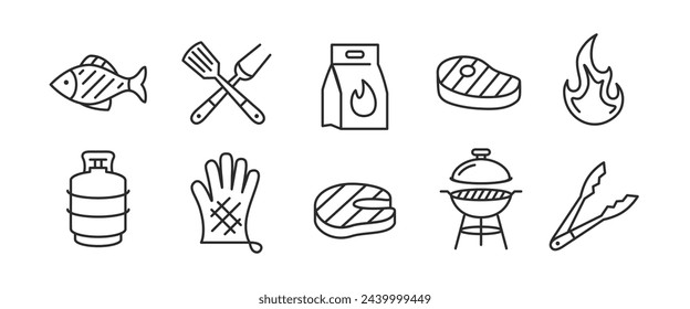 10 black line icons representing barbecue and grill elements (fish, metal fork and handle,charcoal, meat,fire, gas cooker, glove, steak, grill, tong) for promotional materials, SMM.Vector Illustration