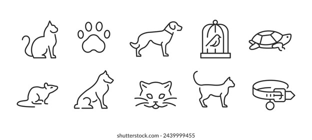 10 black line icons representing a cat, a paw, a dog, a bird in a cage, a turtle, a mouse, a fox, the head of a cat, and a dog collar. for promotional materials, SMM. Vector Illustration