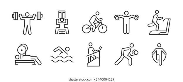 10 black line icons for sports activities on a white background. Icons ofweight-lifting elements,gym,exercising, cycling, treadmill, dumbbell, swimming, jump rope. For web, mobile.Vector Illustration