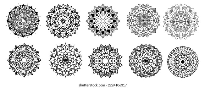 10 Black Mandala Pattern Ornaments Set 