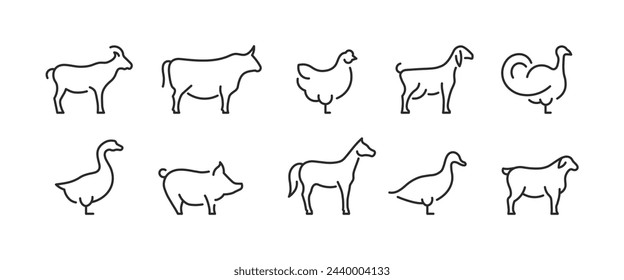 10 black outline icons: goat, cow, chicken, turkey, goose, pig, horse, duck, sheep on white. For web, mobile, promos, SMM. Agriculture, food, farming, meat. Vector illustration