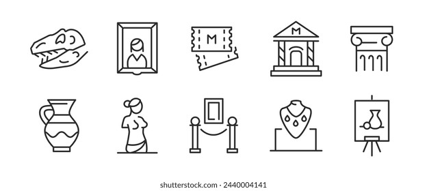 10 black outline icons on white background representing museums, exhibitions, art, and culture topics. Vector illustration for web, mobile, promotional materials, and SMM.