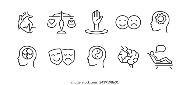 10 iconos de contorno negro representan el tema de la mente humana y la psicología. Emociones, pensamiento, corazón, emoticonos, máscaras de teatro, un símbolo de yin-yang sobre un fondo blanco. Ilustración de vector 