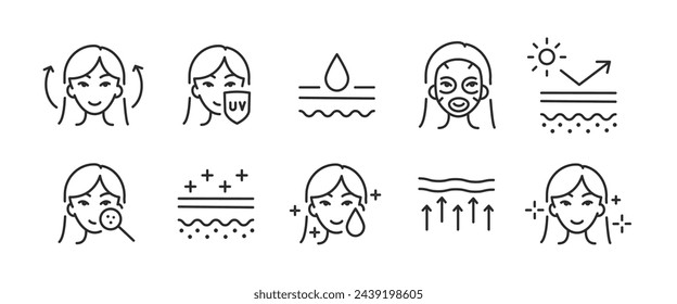 10 black outline icons representing female faces and cosmetic product elements on a white background. The set of skincare icons could be used under beauty and care topics. Vector Illustration