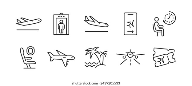 10 iconos de contorno negro que representan aviones, elementos de vuelo como aviones, puertas de seguridad, sala de espera, isla tropical, billetes de avión. Ilustración vectorial.