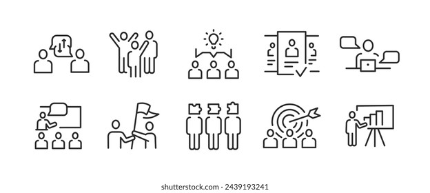 10 black outline icons show a group of people working together and interacting. The set of images suggests collaboration and cooperation between team members. On white background. Vector illustration 