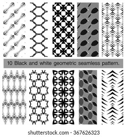 10 black and white geometric seamless pattern. Abstract background. Vector seamless pattern.