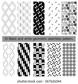 10 black and white geometric seamless pattern. Abstract background. Vector seamless pattern.