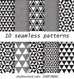 10 patrones sin fisuras vectoriales en blanco y negro. Se puede utilizar textura sin fin para papel pintado, rellenos de patrones, fondo de página web, 