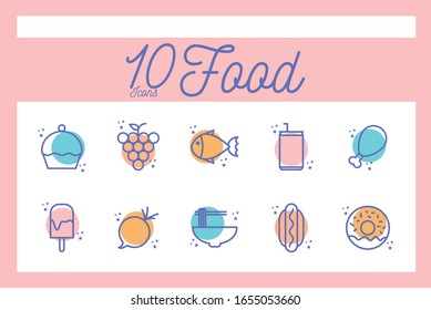 10 block line style icon set design, Eat food restaurant menu dinner lunch cooking and meal theme Vector illustration