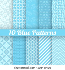 10 Blue different seamless patterns (tiling). Vector illustration for abstract aqua design. Endless texture can be used for fills, web page background, surface. Set of wallpaper with waves.