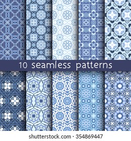 10 blue vintage patterns for universal background. Endless texture can be used for wallpaper, pattern fill, web page background. Vector illustration for web design.