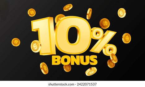 10% Bonus. Fallende goldene Münzen. Cashback- oder Preiskonzept. Vektorgrafik