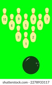 10 bowling pins with numbers ,and a ball
