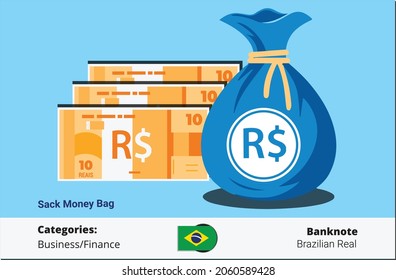 10 Brazilian Real banknotes money sack bag.