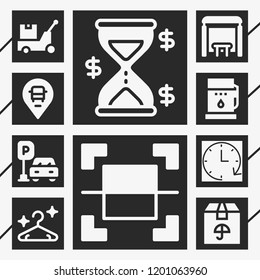 10 business  filled style icons about clock, hourglass, select, logistics, fuel, bus stop, hanger, package, placeholder
