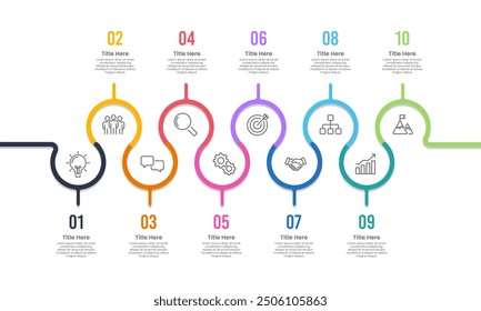 10 Business Process Data Infographic Design Templates. 10 Year Company growth path. Presentation, Planning, Marketing and Information. Vector Illustration.