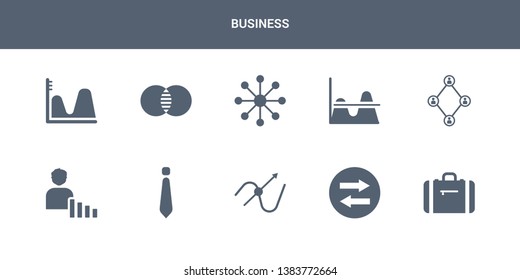 10 business vector icons such as suitcase, synchronization, tangent, tie, user stats contains users interconnected, value chart, variety, venn diagram, wave chart. business icons