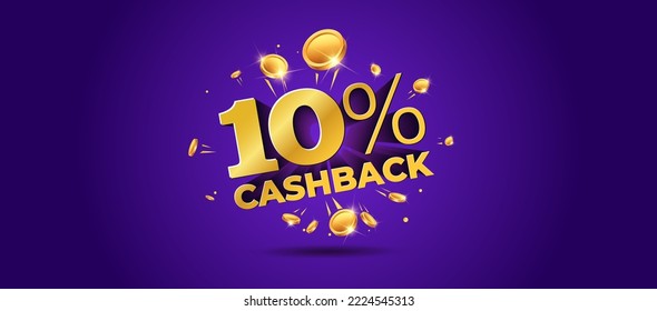 10% Cashback offer, saving, sale, discount, logo concept. Banner poster design. Money coins Cashback deals, 3D vector illustration.