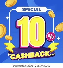 10% Cashback Promotion Design with Bold Typography and Floating Coins on Blue Background