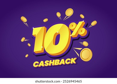 Banner promocional de cashback de 10% apresentando texto amarelo arrojado com efeitos brilhantes, rodeado por moedas de ouro flutuante em um fundo roxo vibrante. Perfeito para campanhas de vendas.