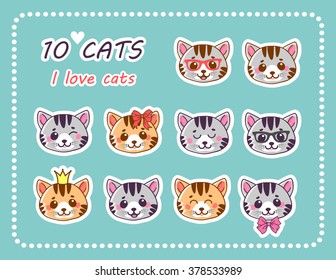 10 cats. Set Cute Cat. Face of cats. I love cats. Cat collection for your design. Collection of 10 persons kittens. Cute kittens. Little cute kitten. The concept of children's. Vector Illustration. 