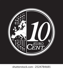 Vetor de moedas de 10 centavos de euro de design em cor branca e sobre um fundo preto, silhueta artesanal.	